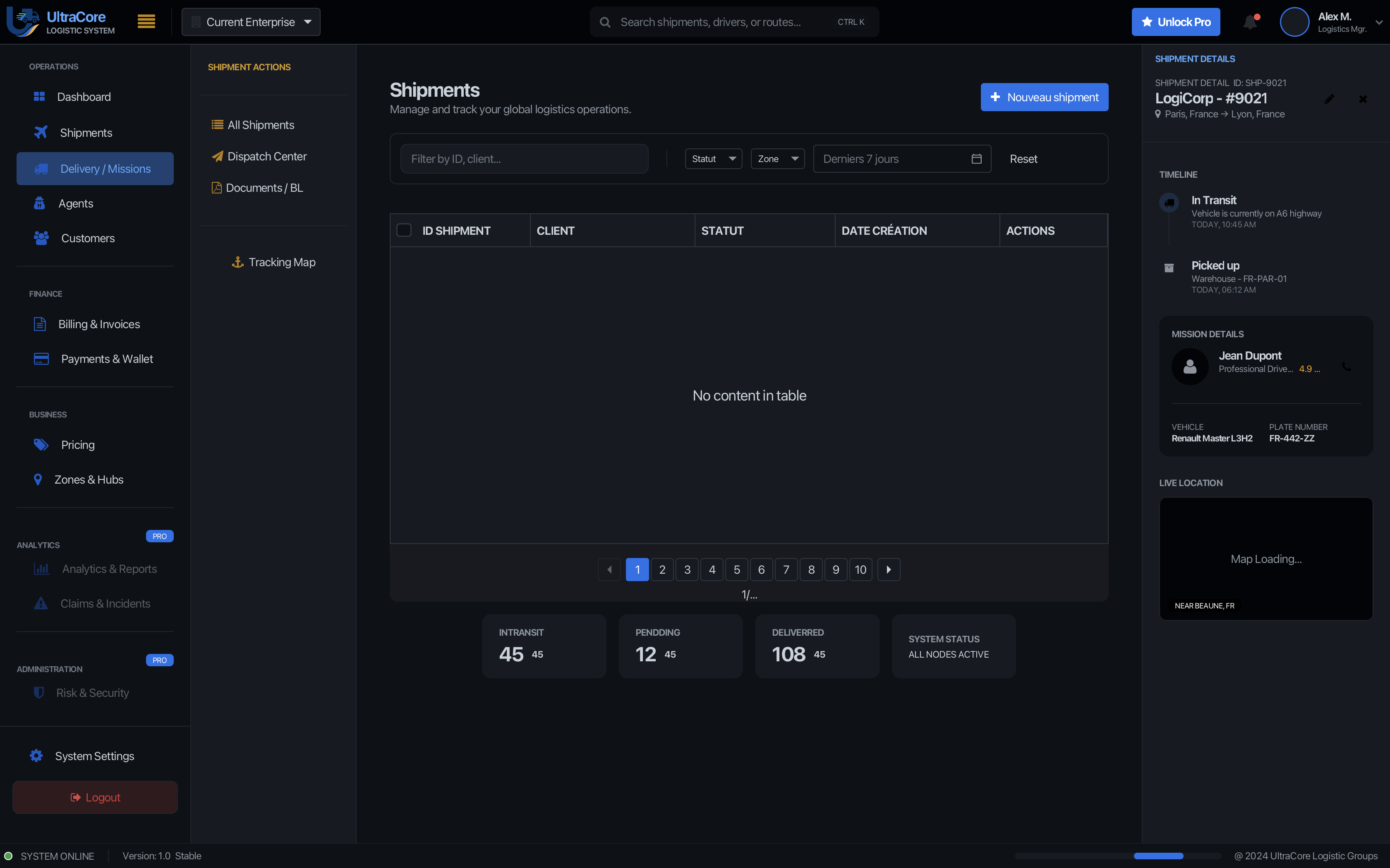 Interface desktop UltraCore Logistics